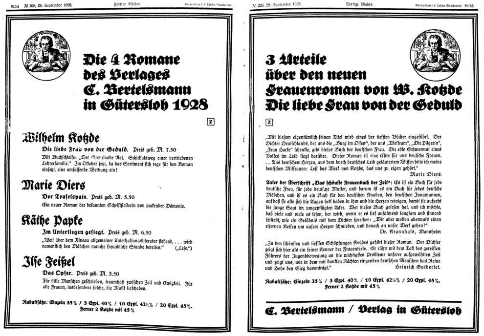 Die ersten 4 Romane des Verlags C. Bertelsmann, Werbung im 'Börsenblatt' 1928